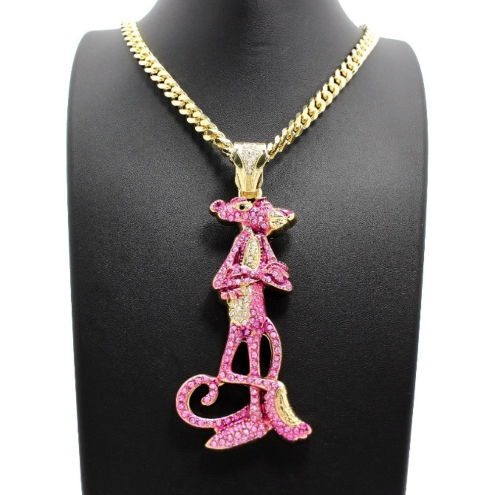 Gold and Pink Panther Pendant Necklace